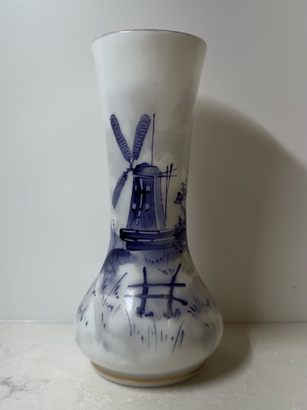 Vintage Blue and White Glass Vase with Windmill Scene